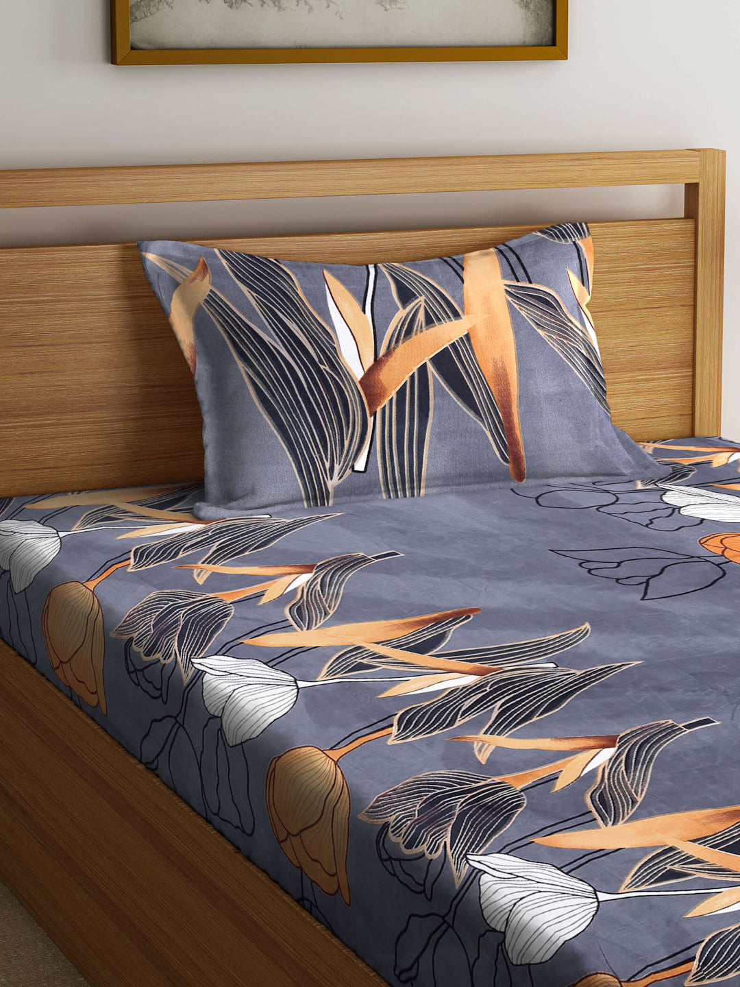 Arrabi Grey Floral TC Cotton Blend Single Size Bedsheet with 1 Pillow Cover (215 x 150 cm)