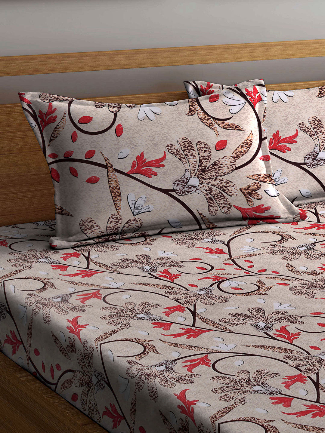 Arrabi Brown Floral TC Cotton Blend King Size Bookfold Bedsheet with 2 Pillow Covers (250 X 220 cm)