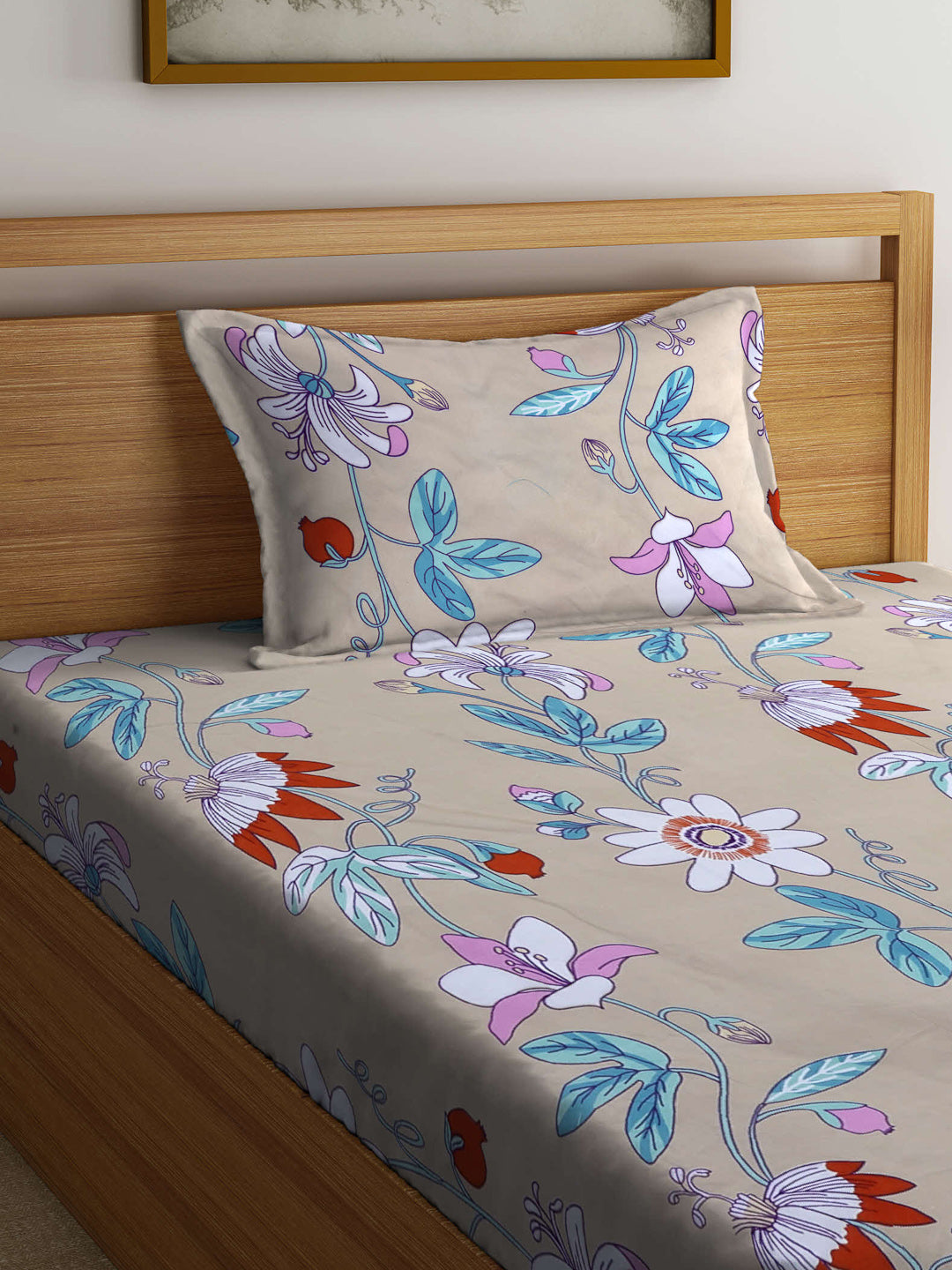 Arrabi Brown Floral TC Cotton Blend Single Size Bedsheet with 1 Pillow Cover (215 x 150 cm)