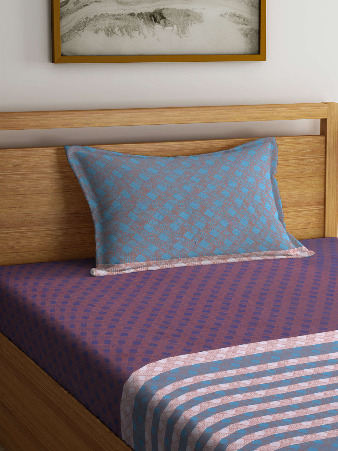 Arrabi Blue Geometric Handwoven Cotton Single Size Bedsheet with 1 Pillow Cover (215 x 150 cm)