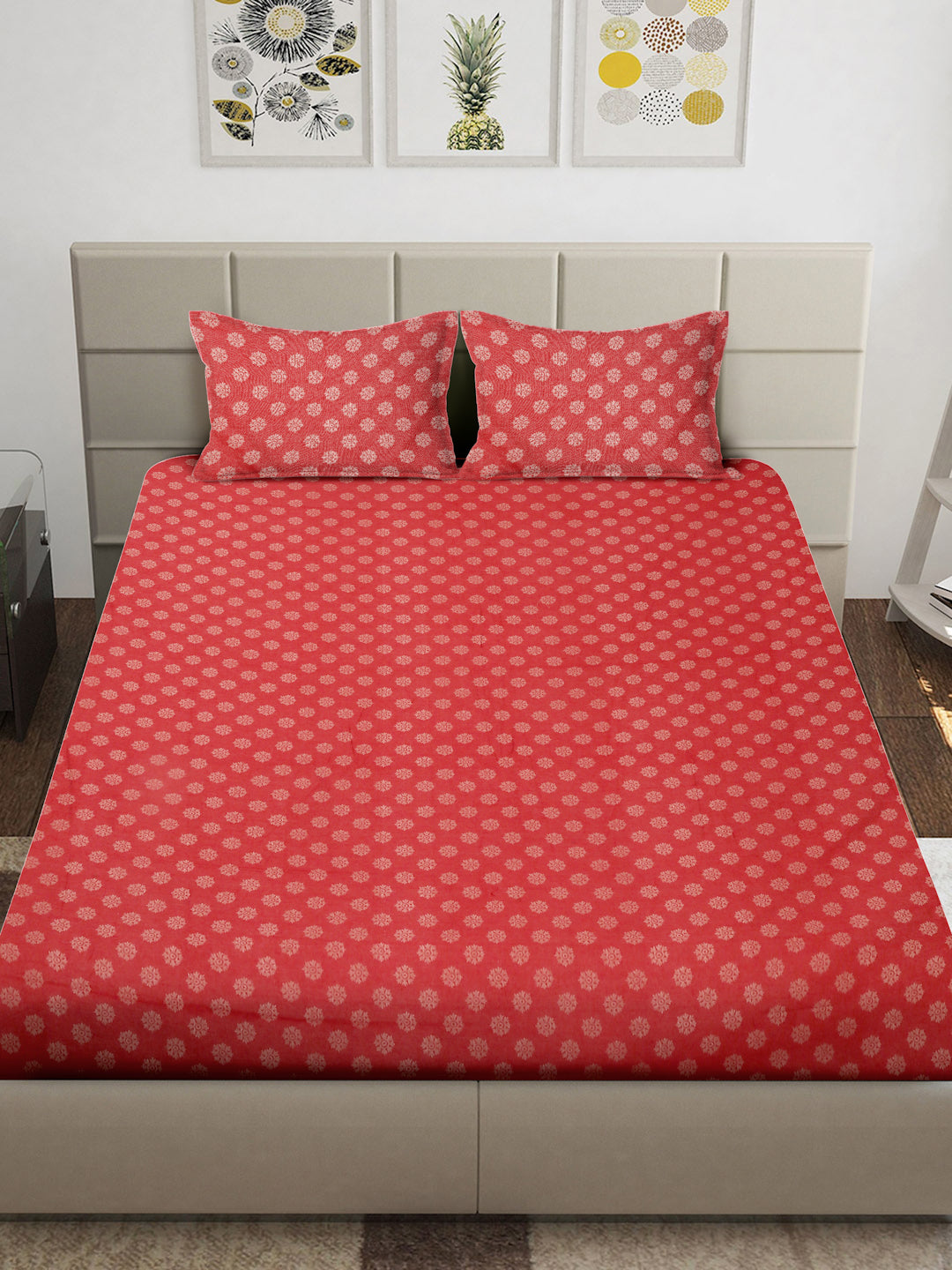 Arrabi Red Floral 100% Handwoven Cotton Super King Size Bedsheet with 2 Pillow Covers (270 x 260 cm)