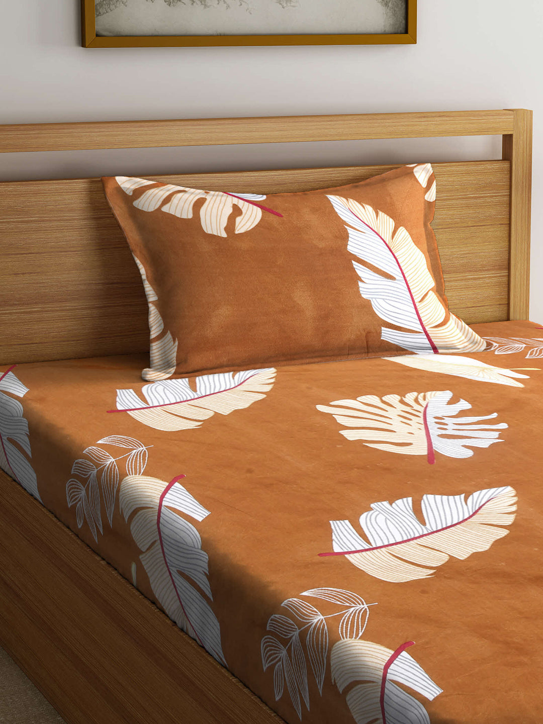 Arrabi Brown Leaf TC Cotton Blend Single Size Bedsheet with 1 Pillow Cover (215 x 150 cm)