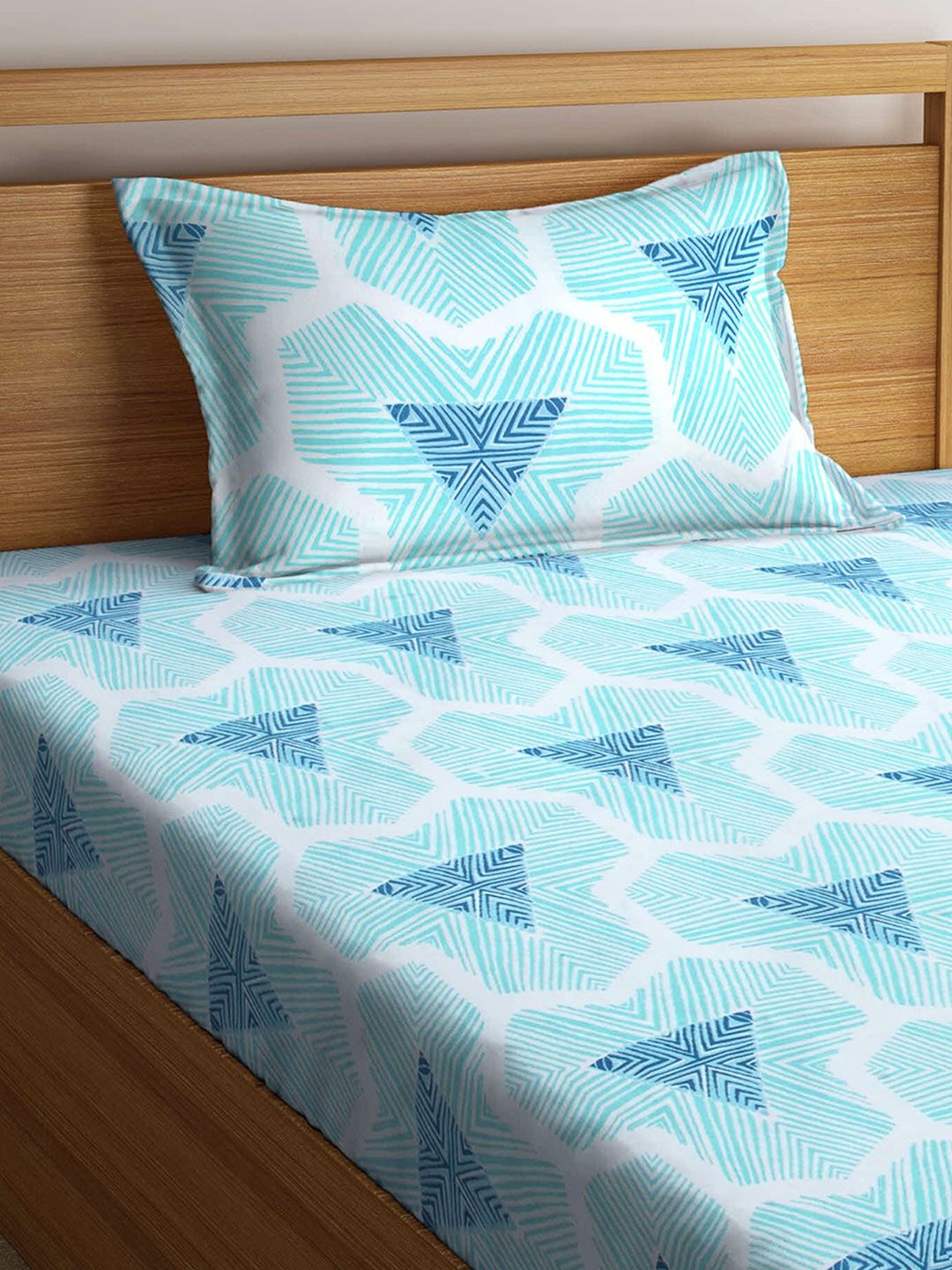 Arrabi Blue Geometric TC Cotton Blend Single Size Fitted Bedsheet with 1 Pillow Cover (220 X 150 cm)