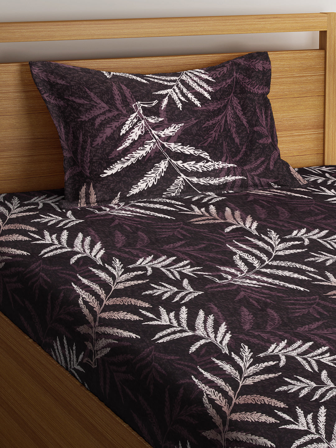 Arrabi Brown Leaf TC Cotton Blend Single Size Fitted Bedsheet with 1 Pillow Cover (220 X 150 cm)