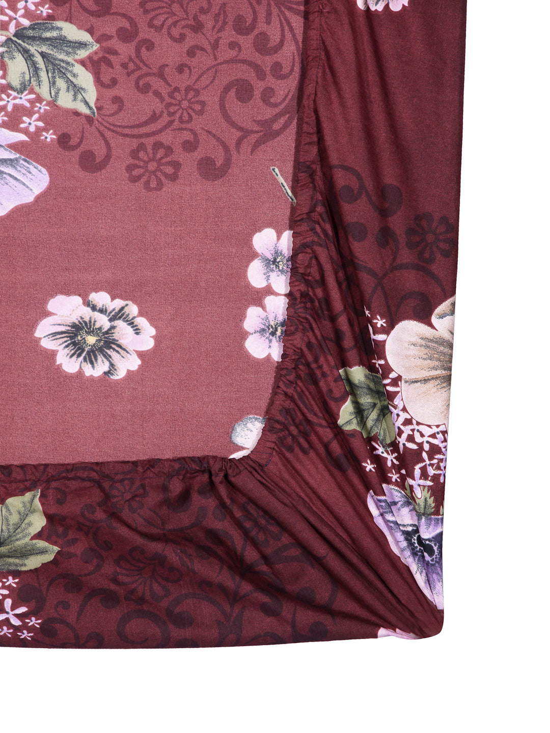 Arrabi Brown Floral TC Cotton Blend Single Size Fitted Bedsheet with 1 Pillow Cover (220 X 150 cm)