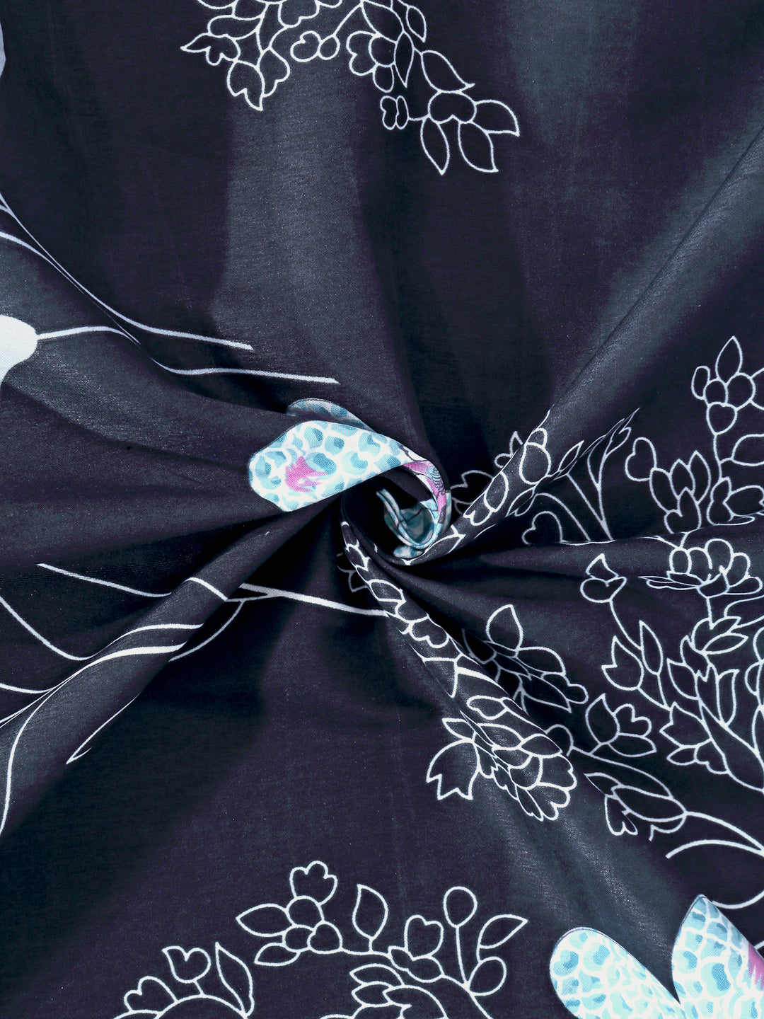 Arrabi Black Floral TC Cotton Blend Single Size Bedsheet with 1 Pillow Cover (220 x 150 cm)