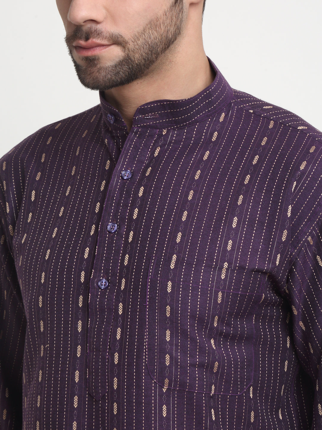 Arrabi Men Indian Fashion Purple Pure Cotton Geometric Straight Kurta