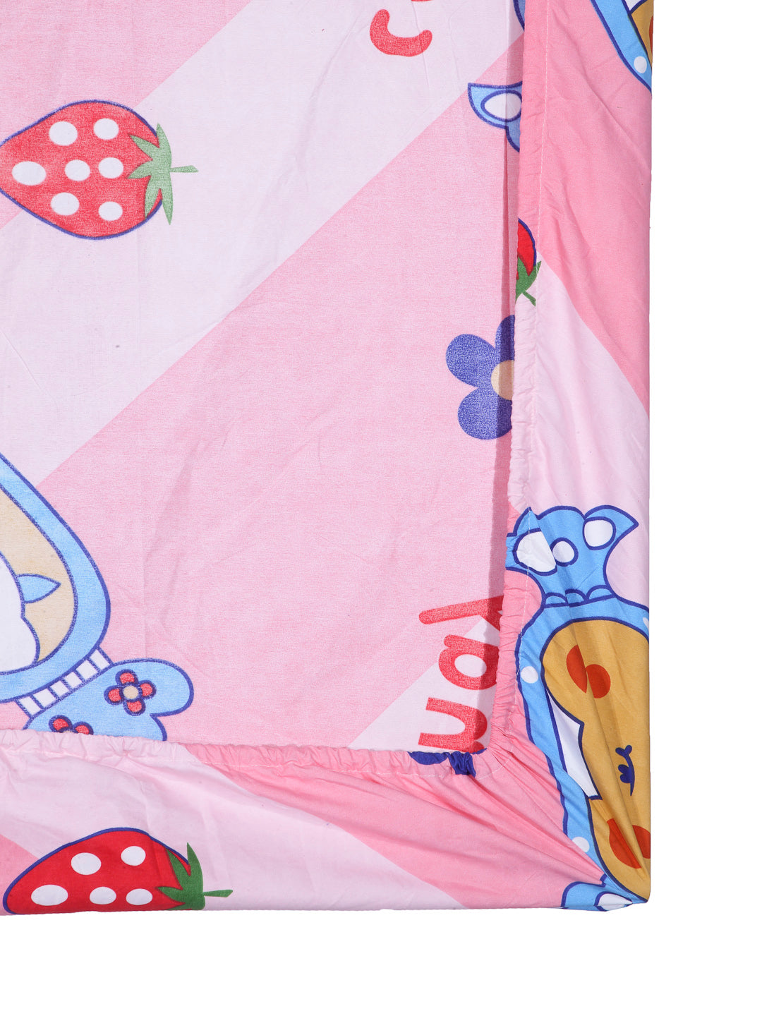 Arrabi Pink Cartoon TC Cotton Blend Single Size Fitted Bedsheet with 1 Pillow Cover (220 X 150 cm)