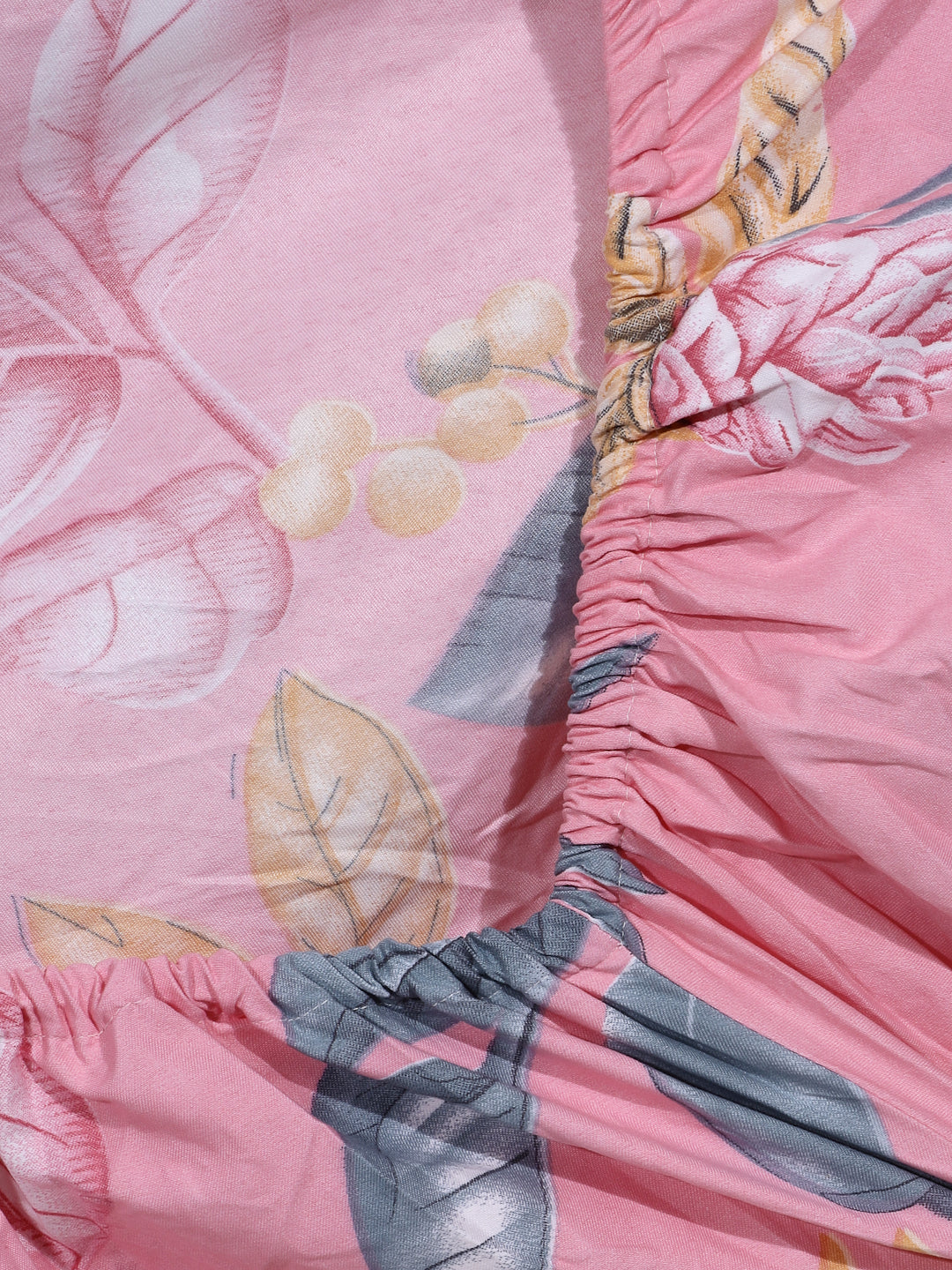 Arrabi Pink Floral TC Cotton Blend King Size Fitted Bedsheet with 2 Pillow Covers (250 X 215 Cm)