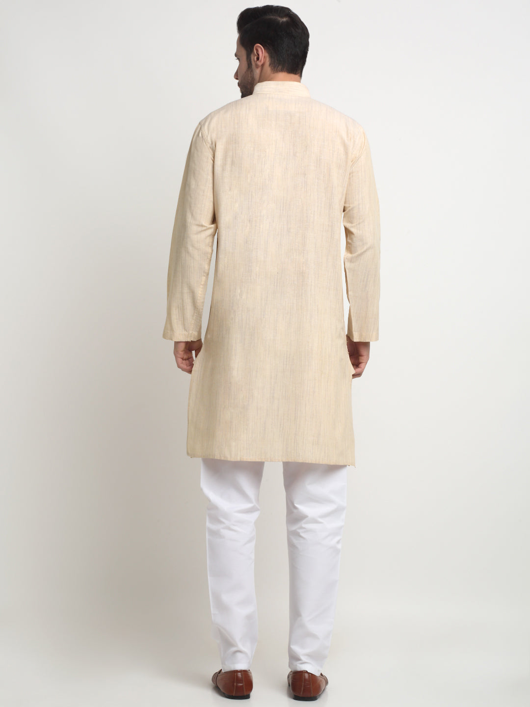 Arrabi Men Indian Fashion Cream Pure Cotton Solid Straight Kurta