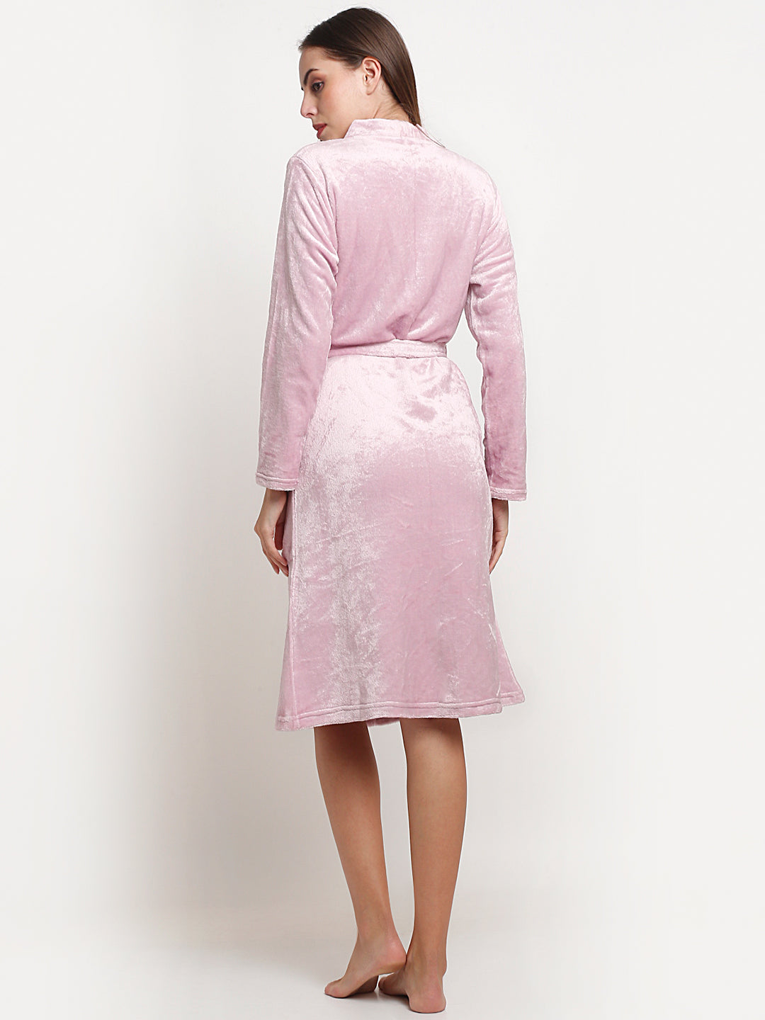 Arrabi Women Pink Warm Woolen Solid Bath Robe With Pockets