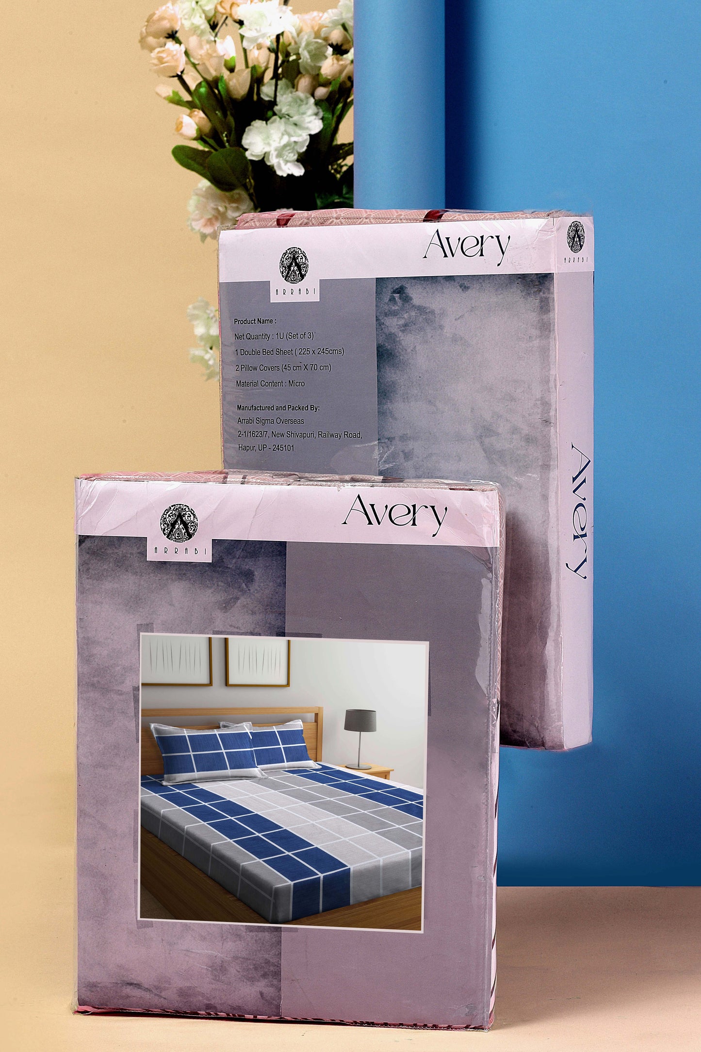 Arrabi Blue Checks TC Cotton Blend King Size Bookfold Bedsheet with 2 Pillow Covers (250 X 215 cm)