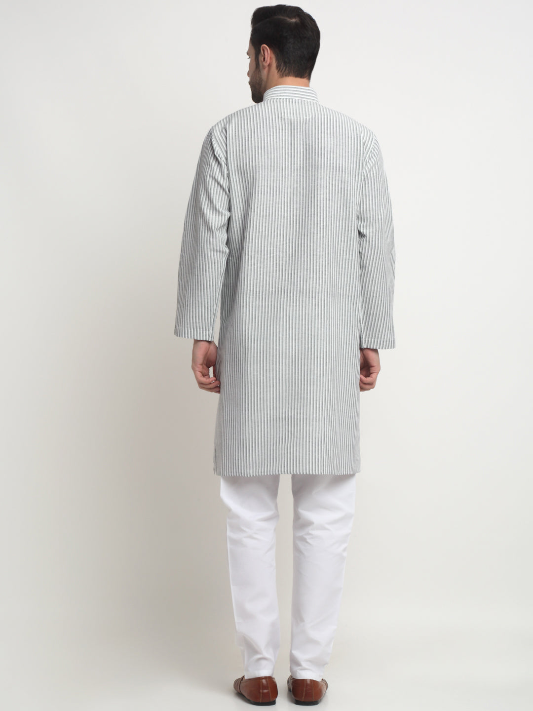 Arrabi Men Indian Fashion Grey Pure Cotton Stripped Straight Kurta
