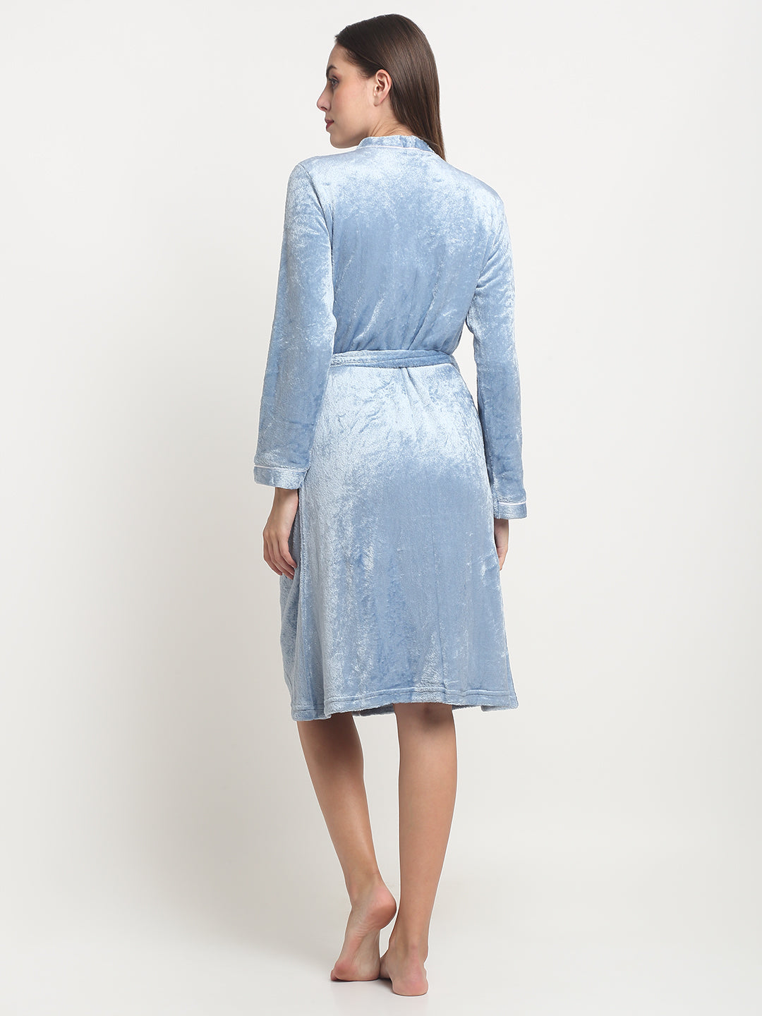 Arrabi Women Blue Warm Woolen Striped Bath Robe With Pockets