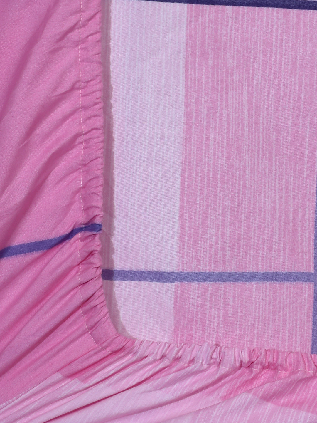 Arrabi Pink Stripes TC Cotton Blend Single Size Fitted Bedsheet with 1 Pillow Cover (215 X 150 cm)