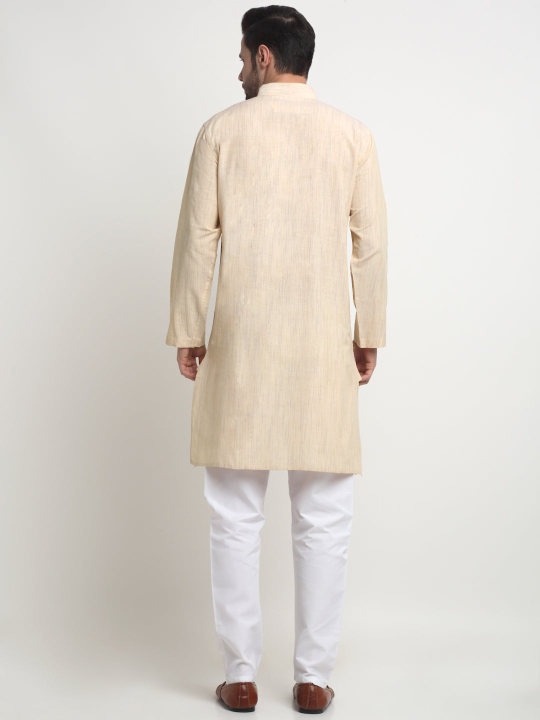 Arrabi Men Cream Pure Cotton Solid Kurta with Churidar Pyjama