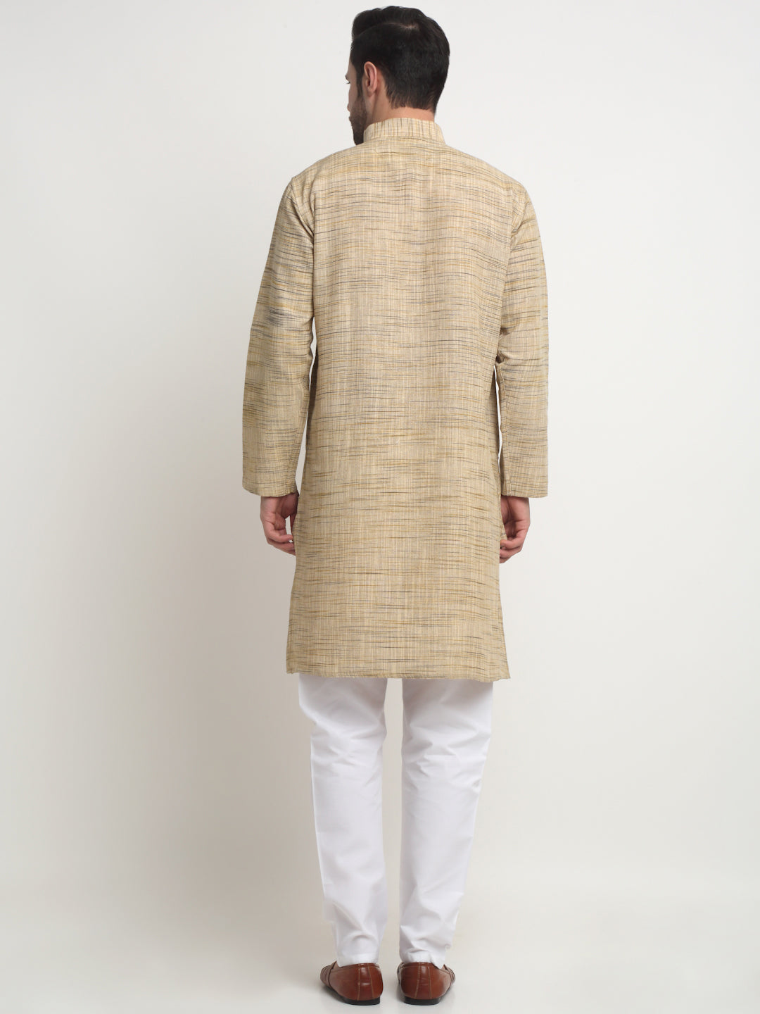 Arrabi Men Cream Pure Cotton Solid Kurta with Churidar Pyjama