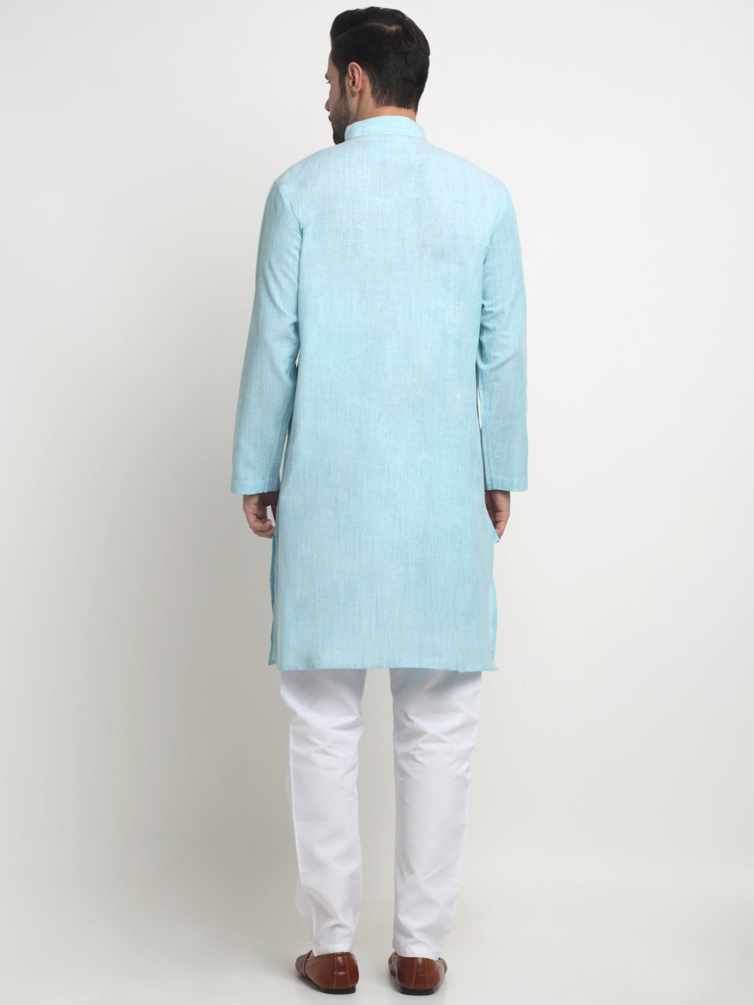 Arrabi Men Blue Pure Cotton Solid Kurta with Churidar Pyjama