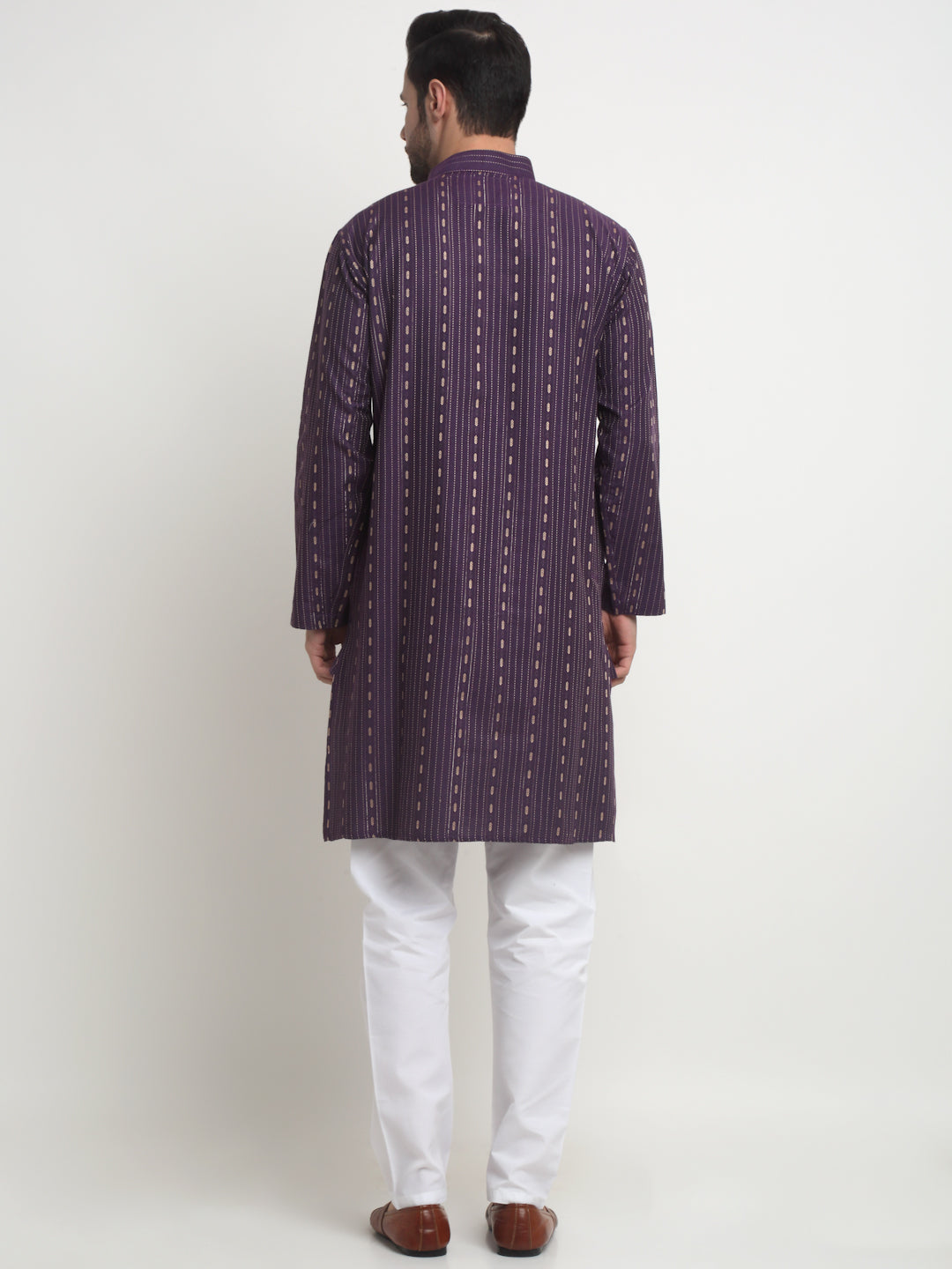 Arrabi Men Purple Pure Cotton Geometric Kurta with Churidar Pyjama