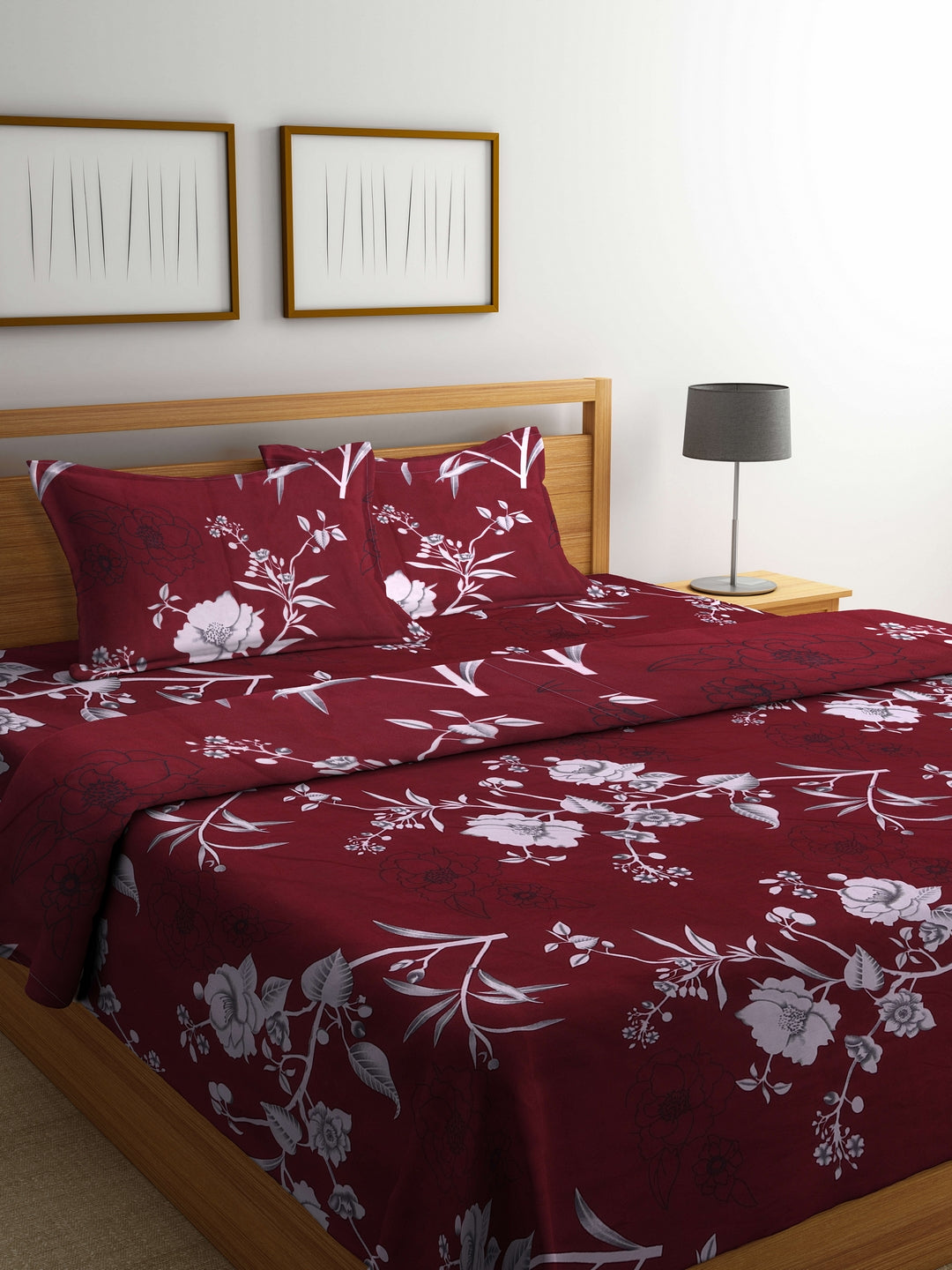 Arrabi Red Floral TC Cotton Blend Double Size Comforter Bedding Set with 2 Pillow Cover