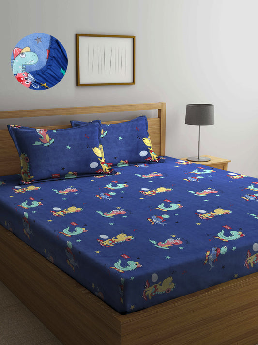 Arrabi Blue Cartoon TC Cotton Blend King Size Fitted Bedsheet with 2 Pillow Covers(250 X 215 Cm )