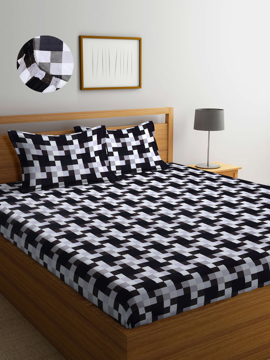 Arrabi Black Geometric TC Cotton Blend King Size Fitted Bedsheet with 2 Pillow Covers(250 X 215 Cm )