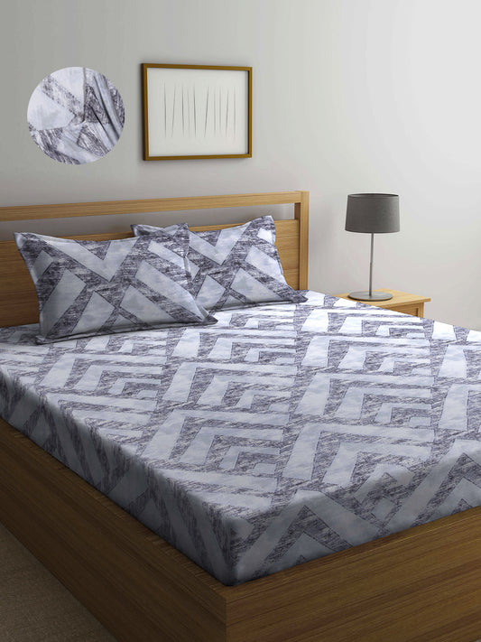 Arrabi Grey Geometric TC Cotton Blend Super King Size Fitted Bedsheet with 2 Pillow Covers(270 X 260 Cm )