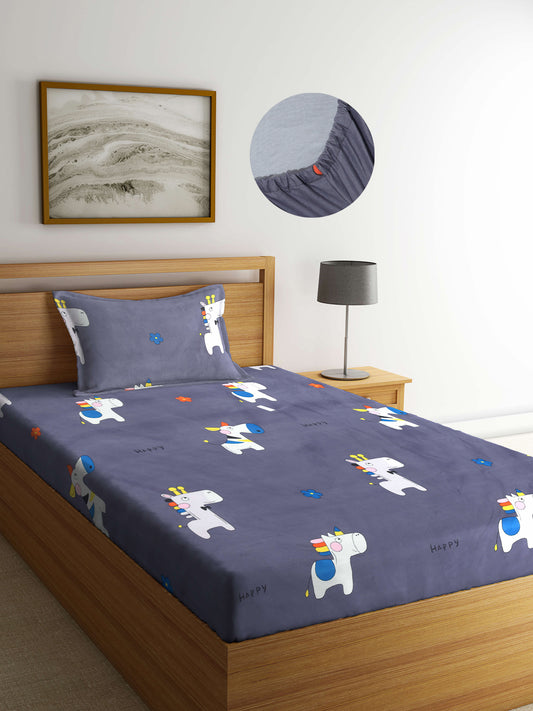 Arrabi Grey Cartoon TC Cotton Blend Single Size Fitted Bedsheet with 1 Pillow Cover (220 X 150 cm)