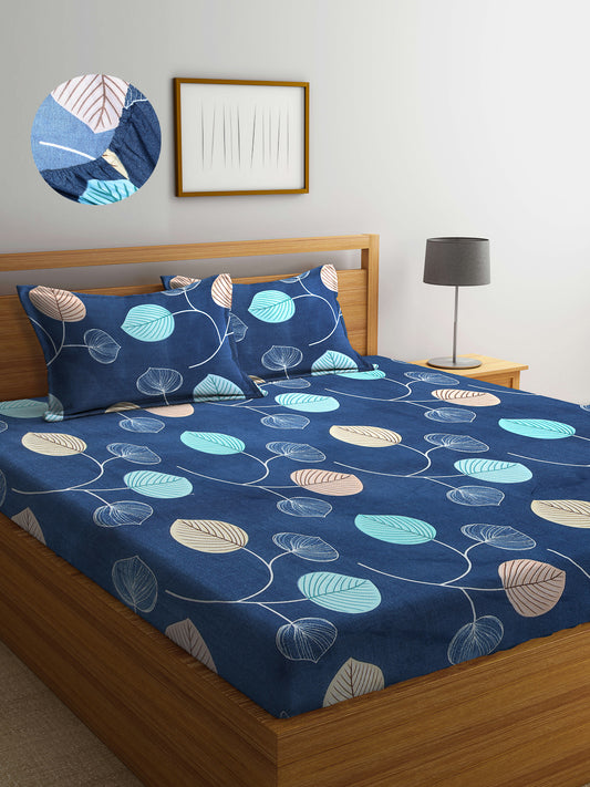 Arrabi Blue Floral TC Cotton Blend King Size Fitted Bedsheet with 2 Pillow Covers (250 X 215 Cm )