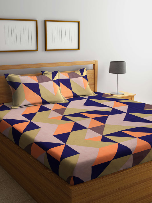 Arrabi Multi Geometric TC Cotton Blend Double Size Bedsheet with 2 Pillow Cover