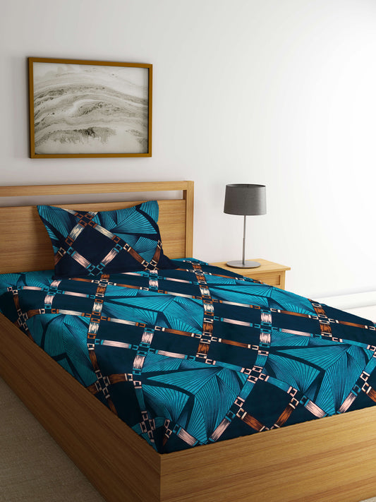 Arrabi Blue Geometric TC Cotton Blend Single Size Bedsheet with 1 Pillow Cover ( 220 X 150 cm)