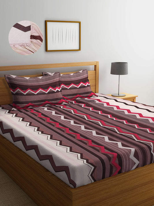 Arrabi Brown Graphic TC Cotton Blend King Size Fitted Bedsheet with 2 Pillow Covers (250 X 220 Cm )