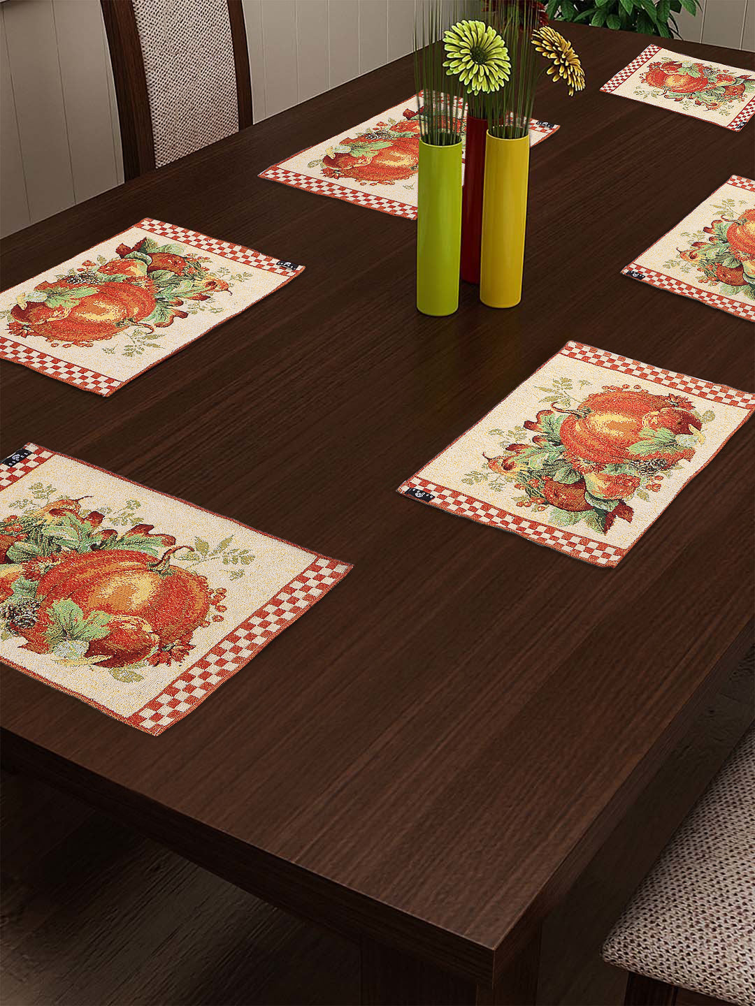 Arrabi Orange Graphic Cotton Blend Full Size Table Mat (Pack of 6) (48 x 33 cm)
