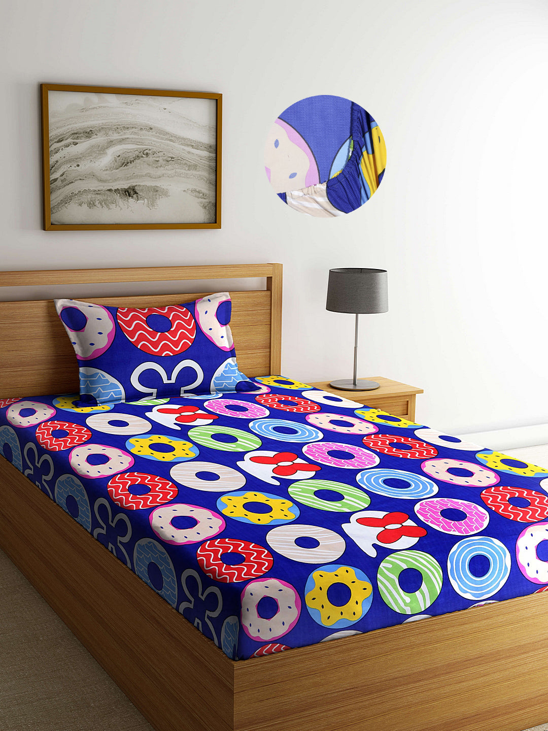 Arrabi Blue Geometric TC Cotton Blend Single Size Fitted Bedsheet with 1 Pillow Cover (220 X 150 cm)