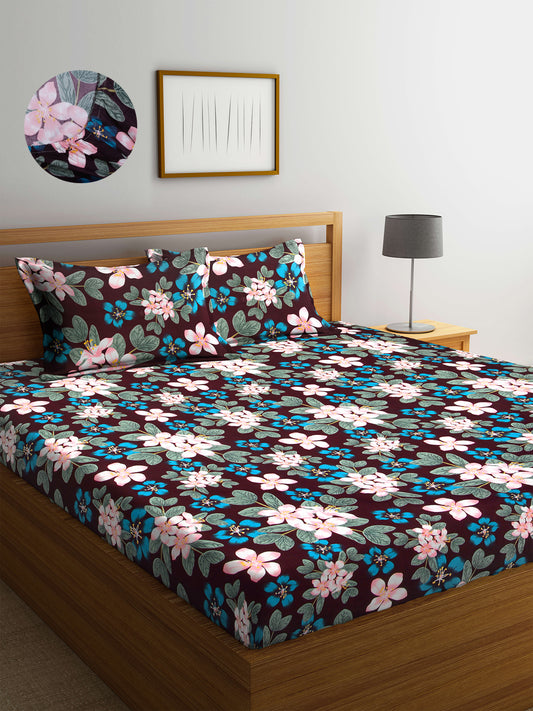 Arrabi Multi Floral TC Cotton Blend King Size Fitted Bedsheet with 2 Pillow Covers (250 X 215 Cm )