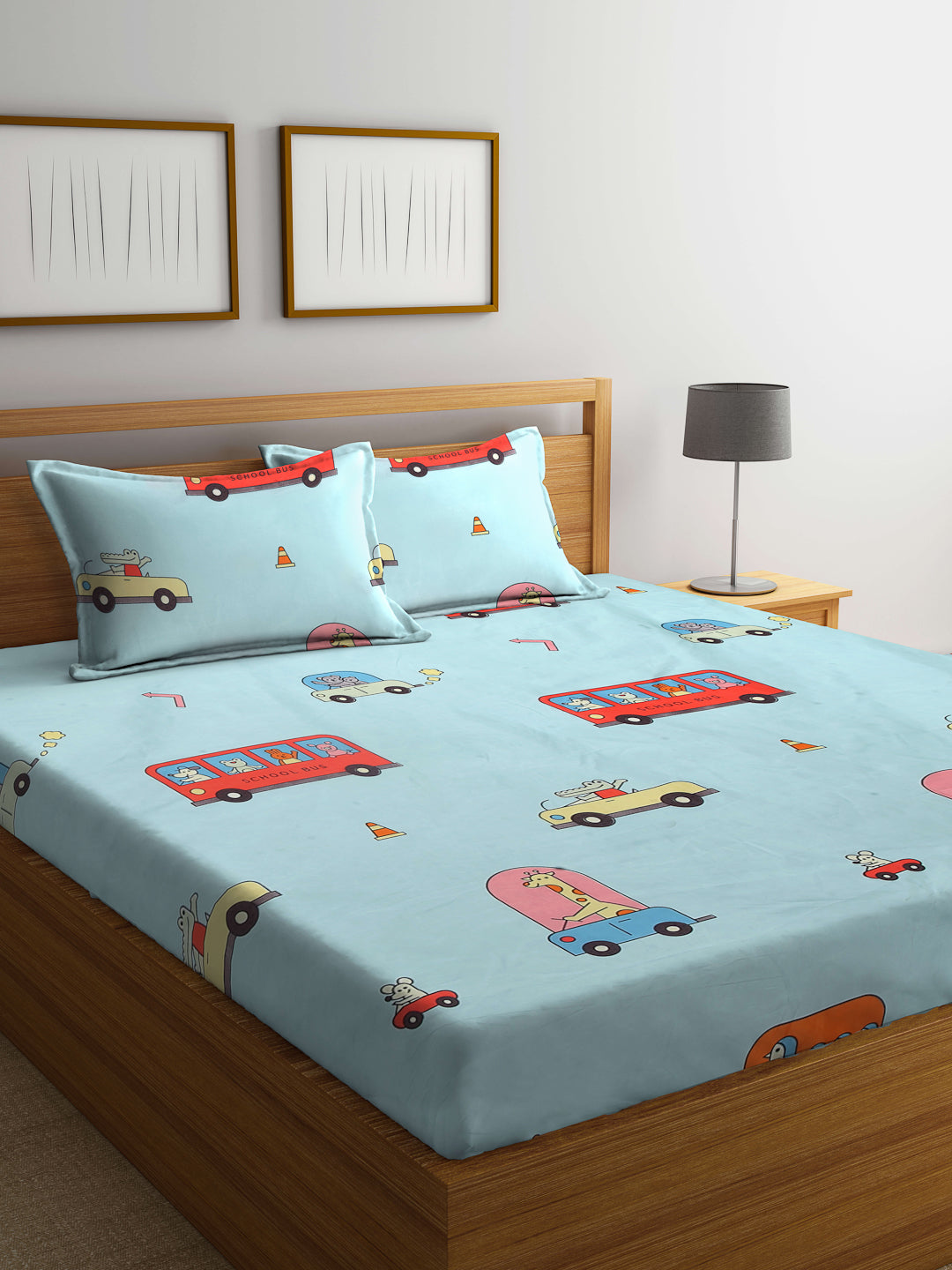 Arrabi Blue Cartoon TC Cotton Blend Double Size Bedsheet with 2 Pillow Covers (250 x 215 cm)