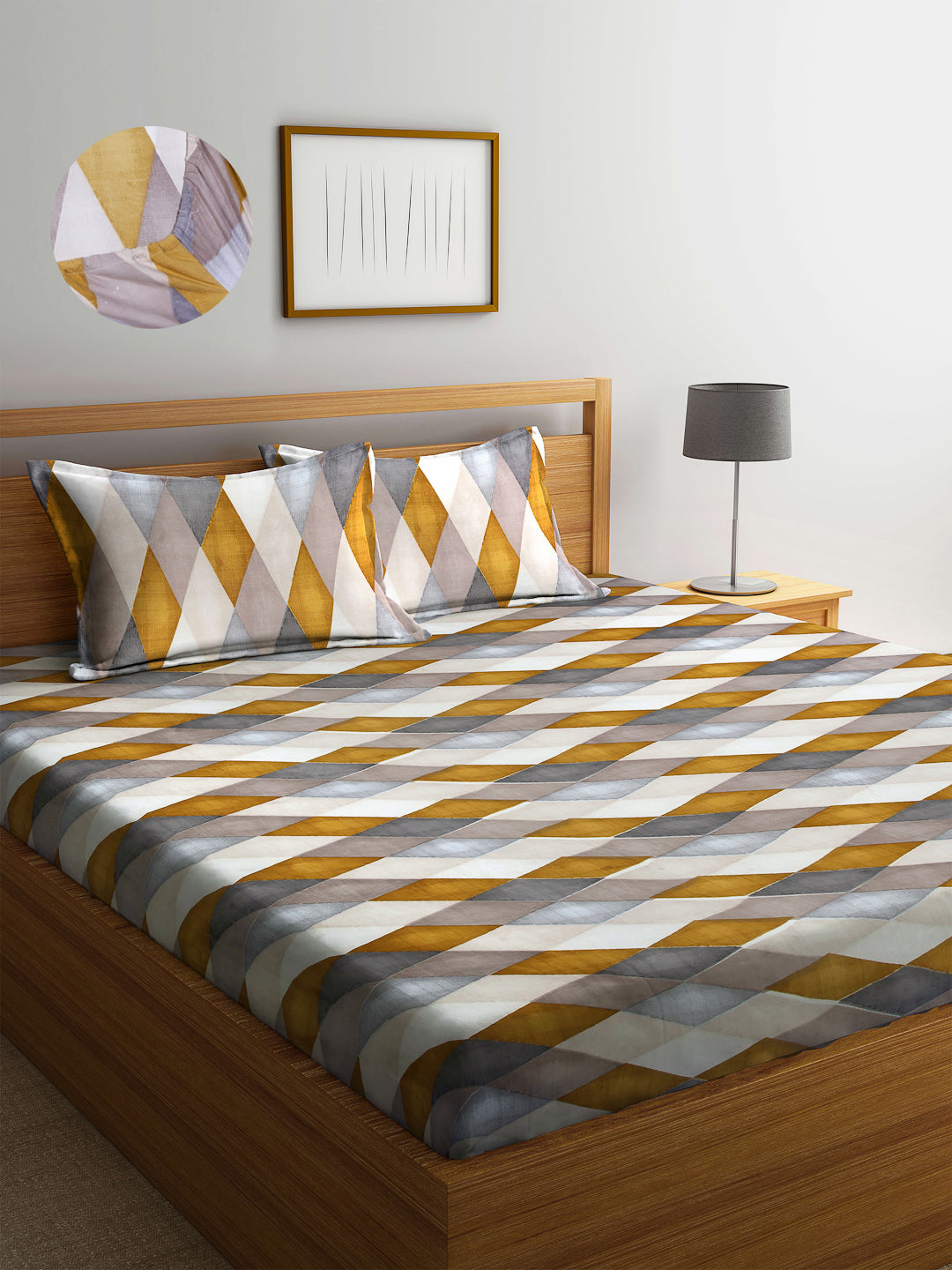 Arrabi Multi Geometric TC Cotton Blend King Size Fitted Bedsheet with 2 Pillow Covers(250 X 215 Cm )