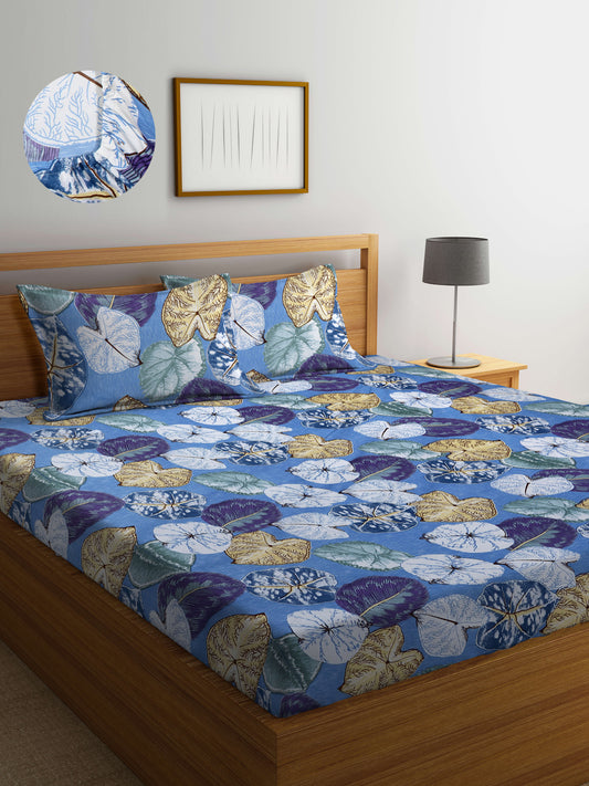 Arrabi Blue Leaf TC Cotton Blend Super King Size Fitted Bedsheet with 2 Pillow Covers(270 X 260 Cm )