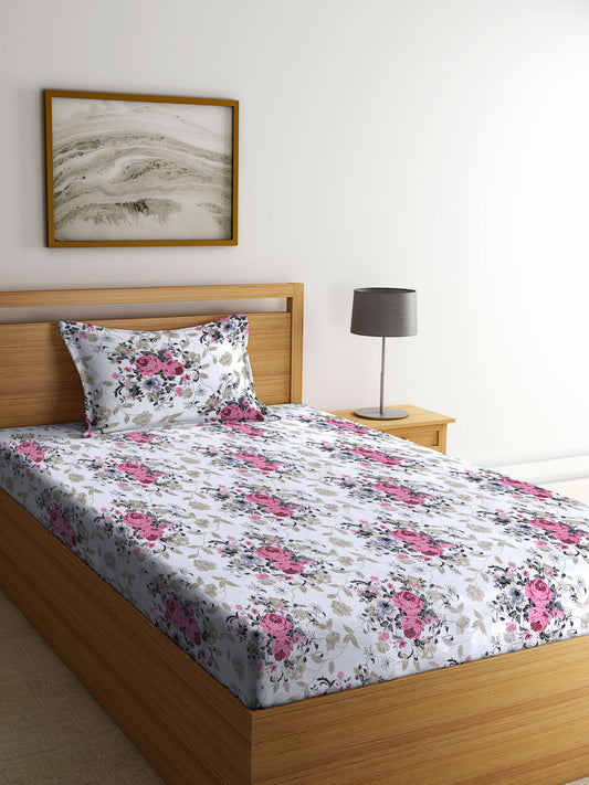 Arrabi White Floral TC Cotton Blend Single Size Bedsheet with 1 Pillow Cover ( 220 X 150 cm)
