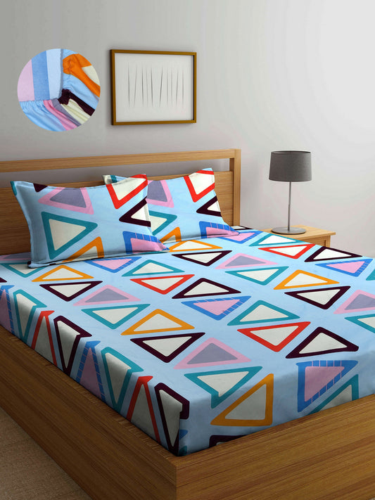Arrabi Multi Geometric TC Cotton Blend King Size Fitted Bedsheet with 2 Pillow Covers (250 X 220 Cm )