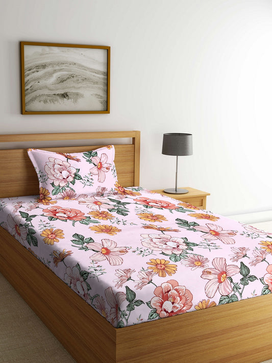 Arrabi Multi Floral TC Cotton Blend Single Size Bedsheet with 1 Pillow Cover (220 X 150 cm)
