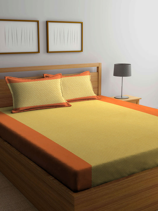 Arrabi Orange Stripes Handwoven Cotton King Size Bedsheet with 2 Pillow Covers (260 X 230 cm)
