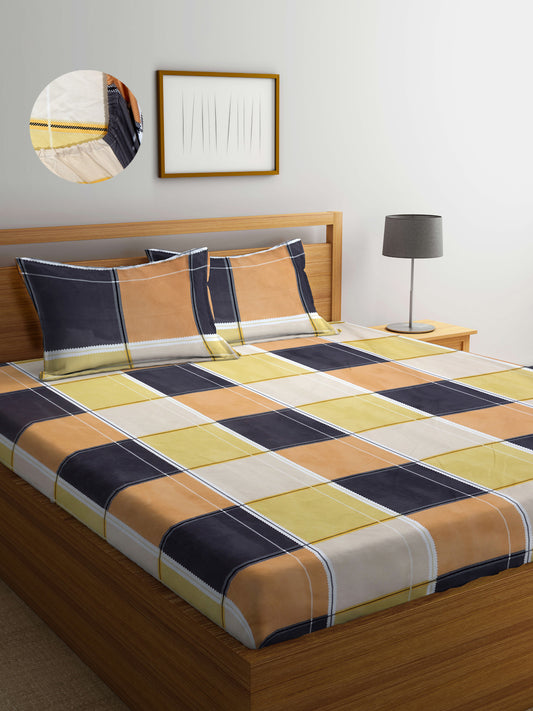 Arrabi Multi Geometric TC Cotton Blend Super King Size Fitted Bedsheet with 2 Pillow Covers(270 X 260 Cm )