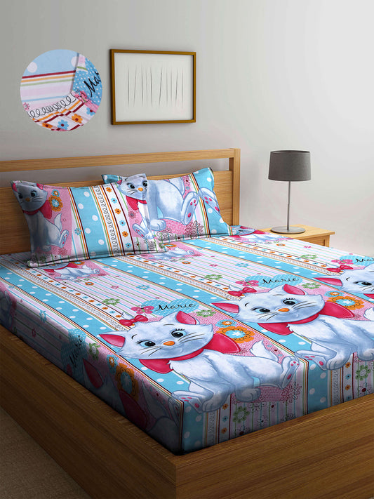 Arrabi Multi Cartoon TC Cotton Blend King Size Fitted Bedsheet with 2 Pillow Covers(250 X 215 Cm )