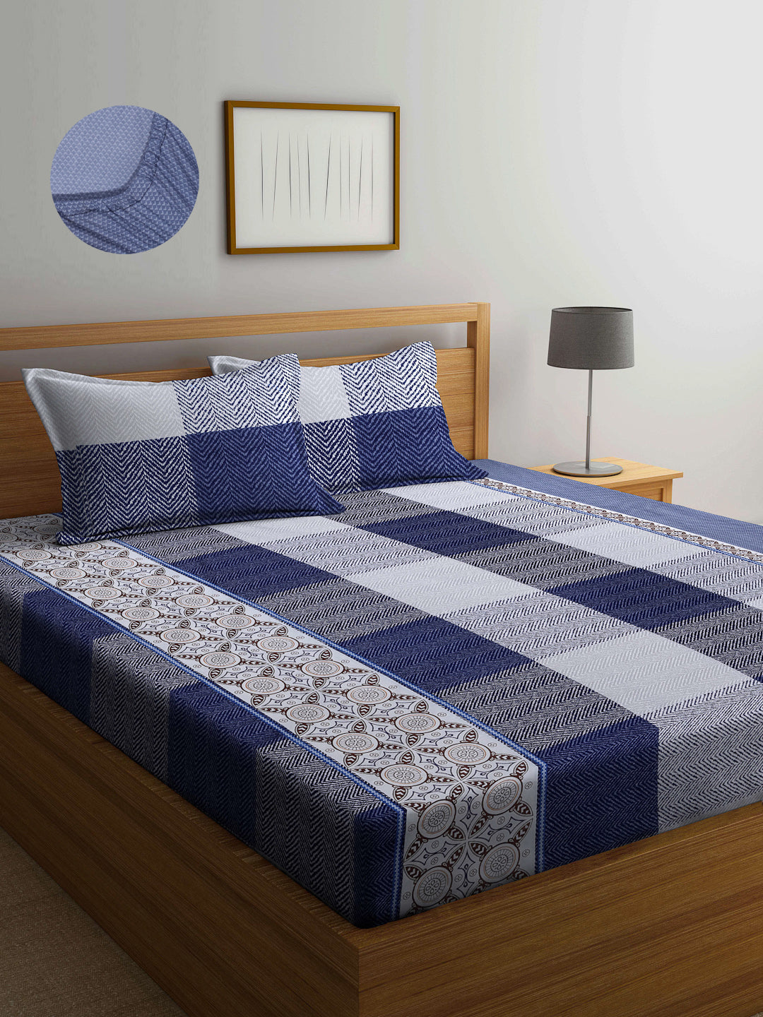 Arrabi Blue Geometric TC Cotton Blend Super King Size Fitted Bedsheet with 2 Pillow Covers (270 X 260 Cm )