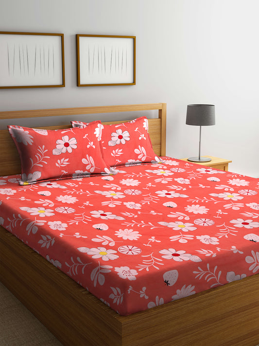 Arrabi Orange Floral TC Cotton Blend Double Size Bedsheet with 2 Pillow Cover