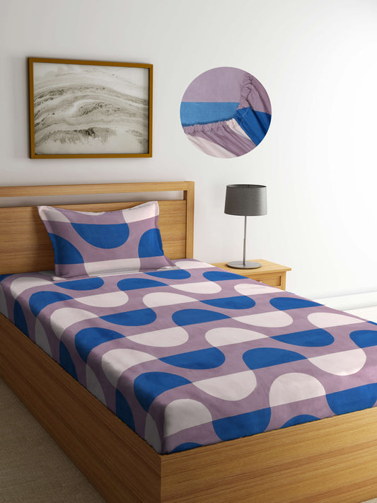 Arrabi Multi Graphic TC Cotton Blend Single Size Fitted Bedsheet with 1 Pillow Cover (220 X 150 cm)