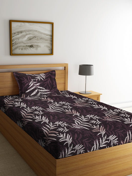 Arrabi Brown Leaf TC Cotton Blend  Single Size Bedsheet with 1 Pillow Cover (220 X 150 cm)