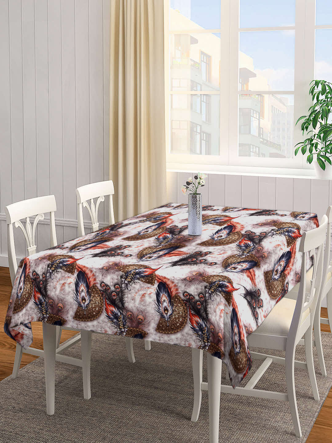 Arrabi White Leaf TC Cotton Blend 6 Seater Table Cover (180 x 130 cm)