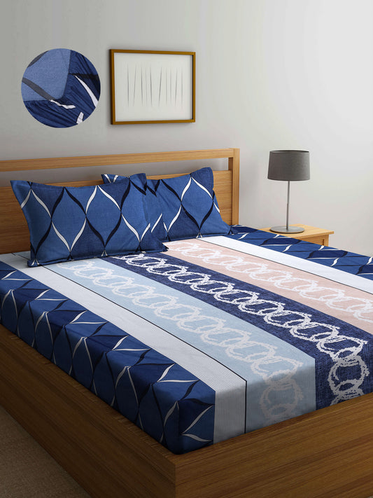 Arrabi Multi Graphic TC Cotton Blend King Size Fitted Bedsheet with 2 Pillow Covers (250 X 220 Cm )